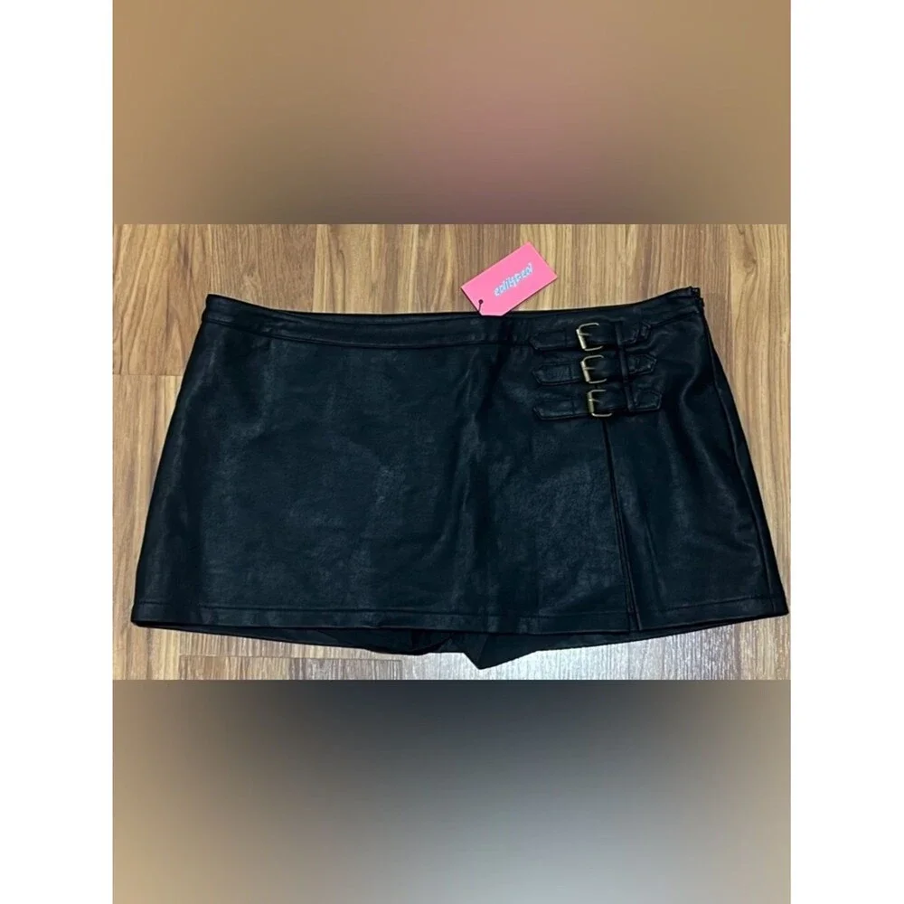 Edikted Triple Belt Faux Leather Mini Skort - Black - Size XL Moto Y2K